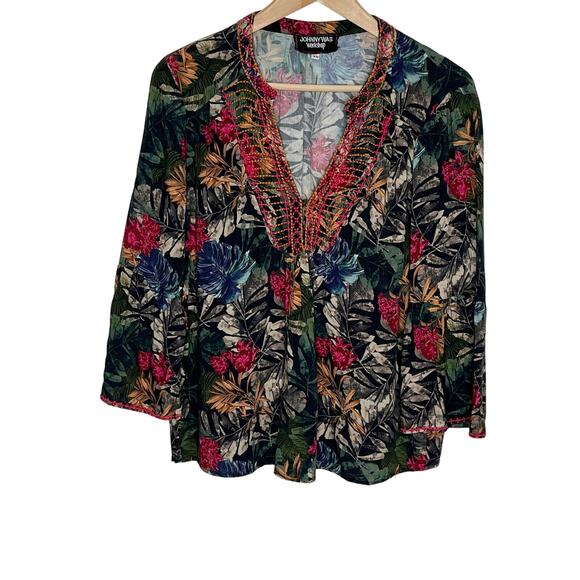 Johnny Was Workshop Womens Peasant Top XS Embroidered Tropical Leaf Print Boho - Picture 1 of 8